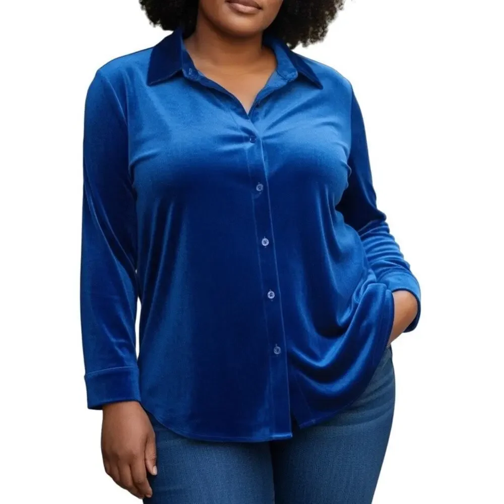 Soft Surroundings Royal Blue Velvet Button Down Top 1X